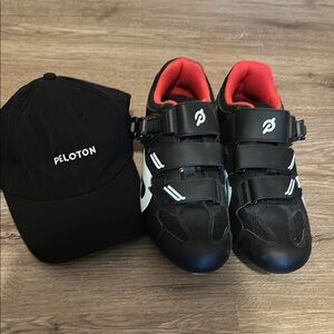 Peloton Black Cycling Shoes with Red Interior and Cap